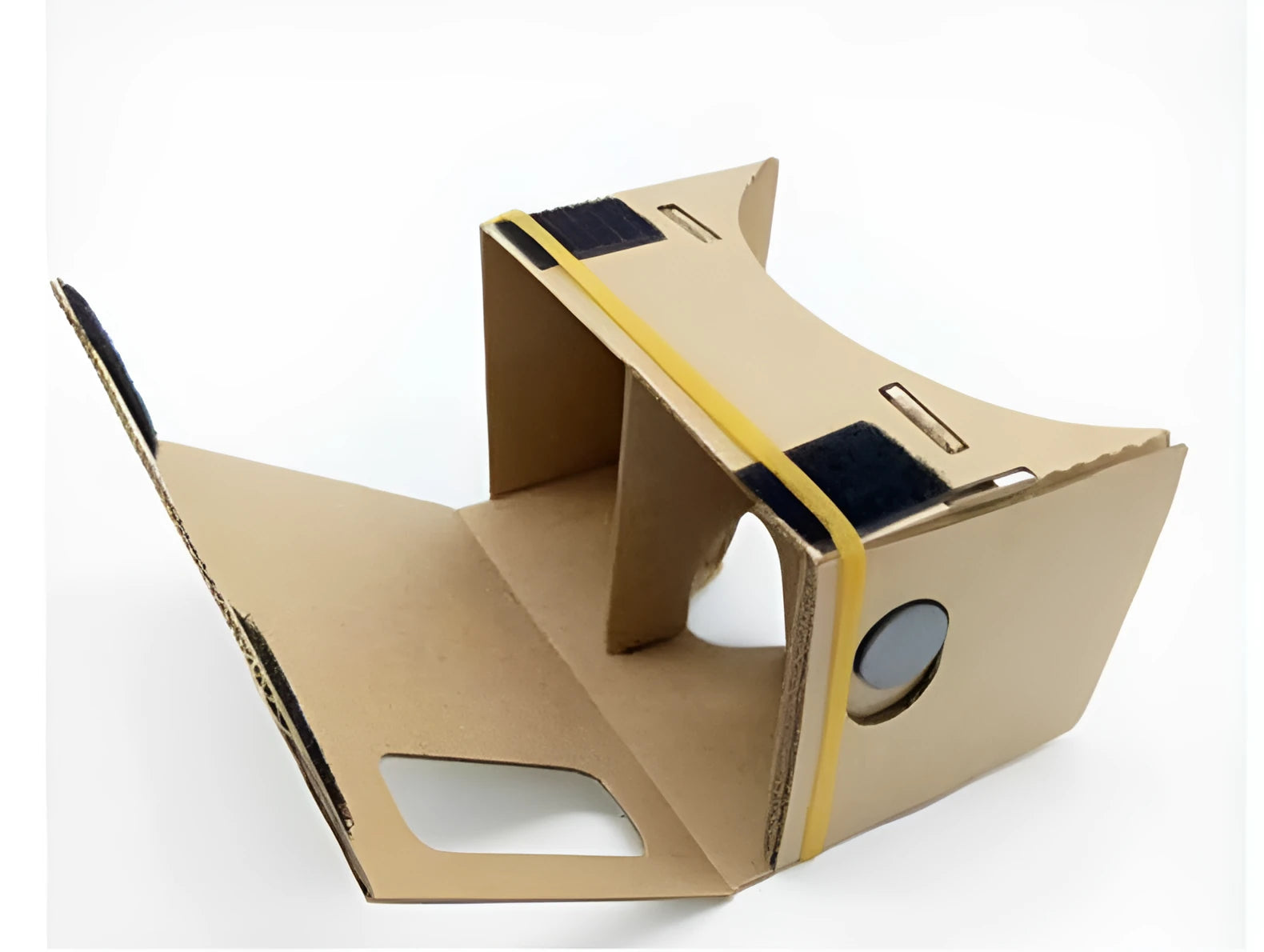 Foldable pink and white cardboard VR headset for smartphones with lenses and a head strap.