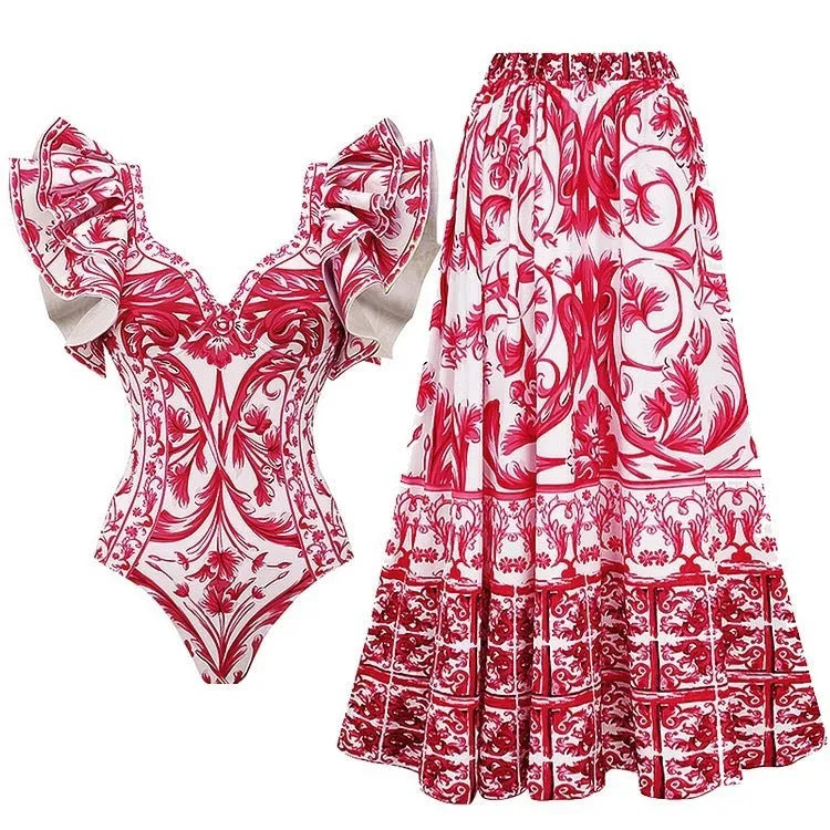 Women's printed polyester one-piece swimsuit available in multiple colours and styles