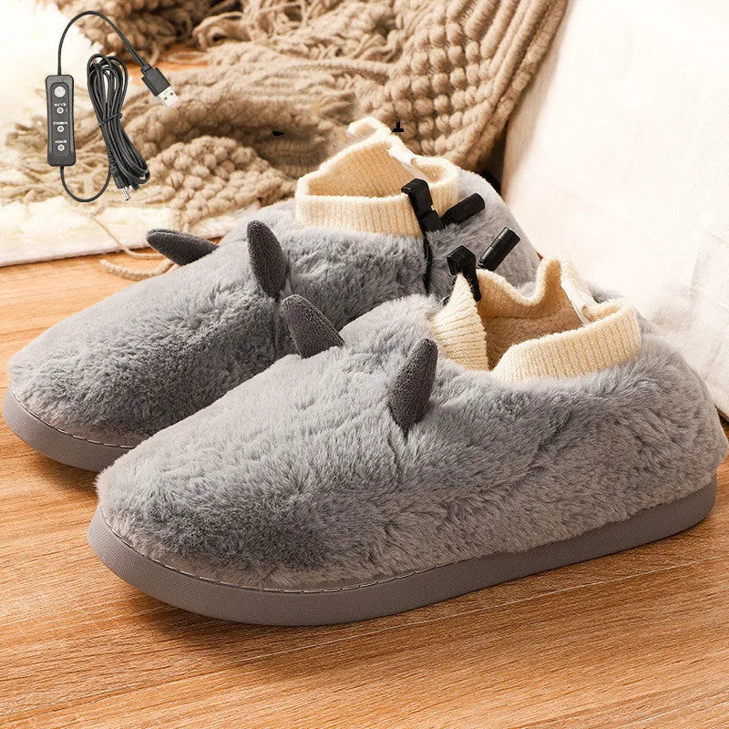 USB electric heating slippers in grey with adjustable temperature control and soft velvet upper.