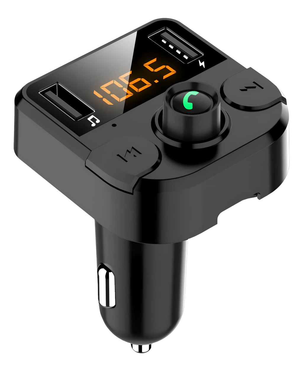 Black BT36B car Bluetooth MP3 player with 1.1-inch display and cigarette lighter plug.