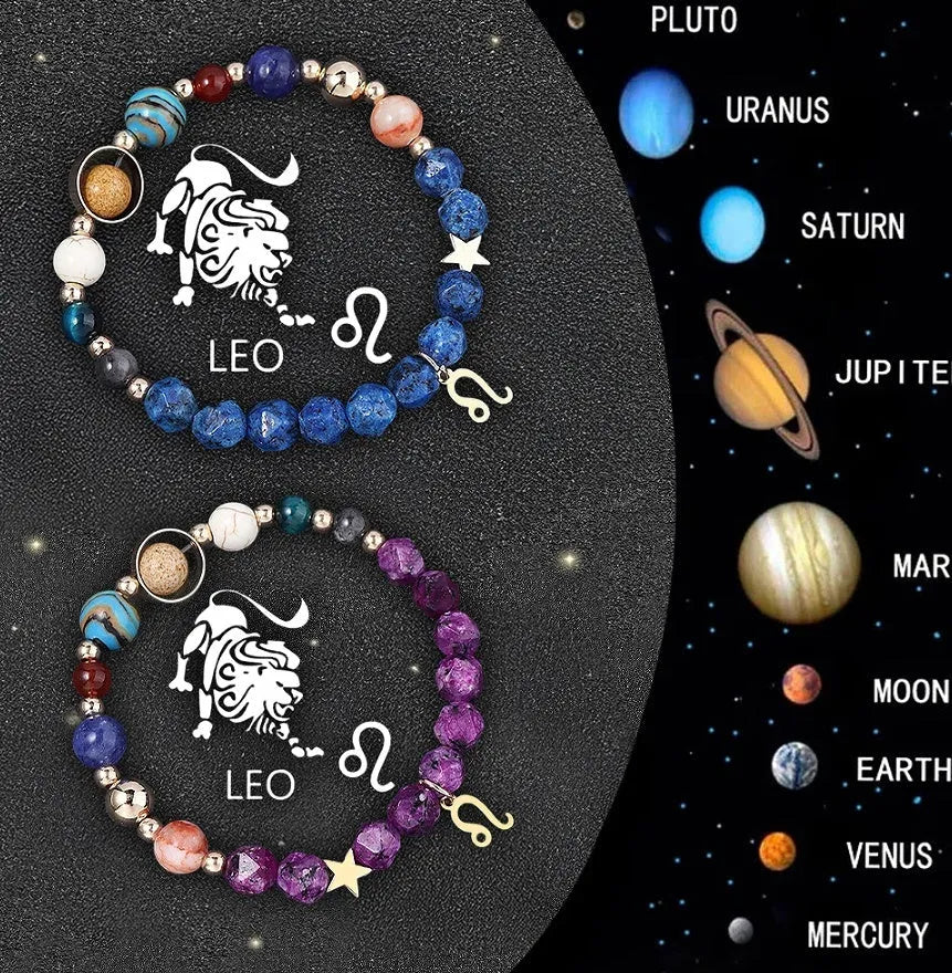 Set of twelve natural stone beaded bracelets, each representing a different zodiac sign with celestial charms.