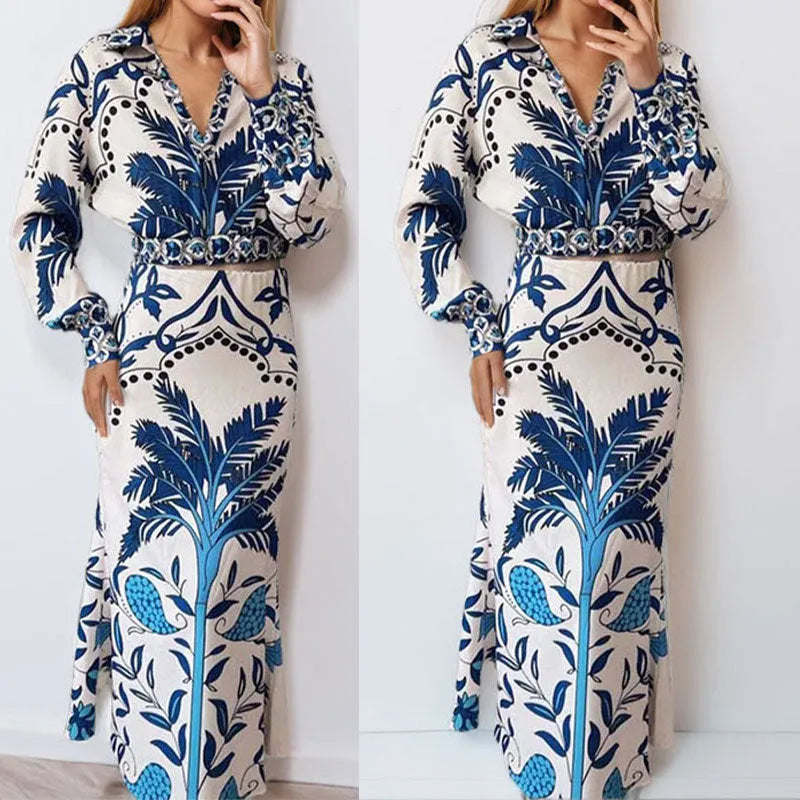 Women's floral print casual set with long sleeve top and long matching skirt.