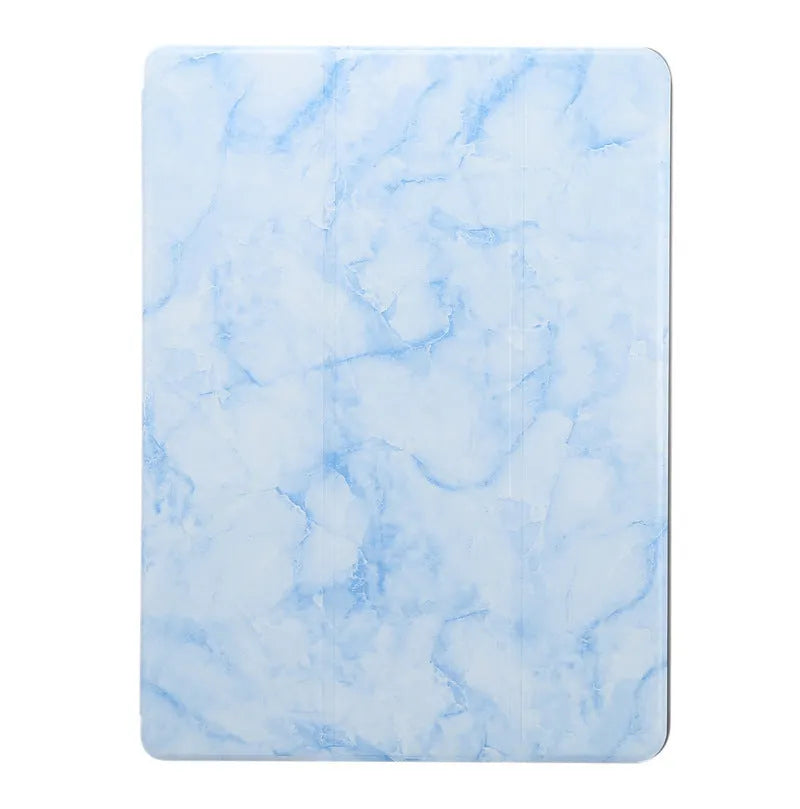 Dark grey tri-fold marbling imitation leather iPad case with a visible slot for an Apple Pencil.