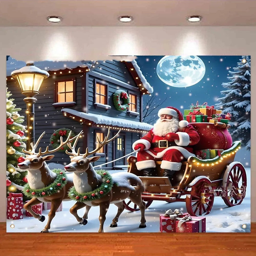 Red and white Santa Claus Christmas banner with gifts measuring 210 cm by 150 cm