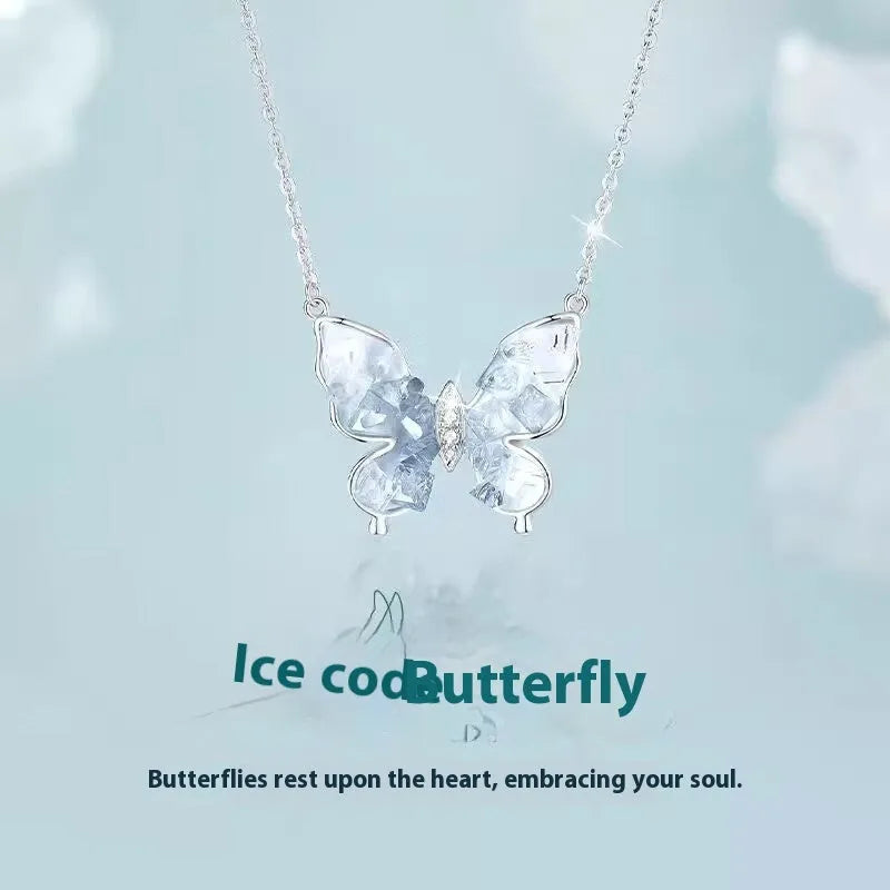 Bingyu Butterfly women's necklace in S925 silver with ice rain pendant on adjustable O-ring chain