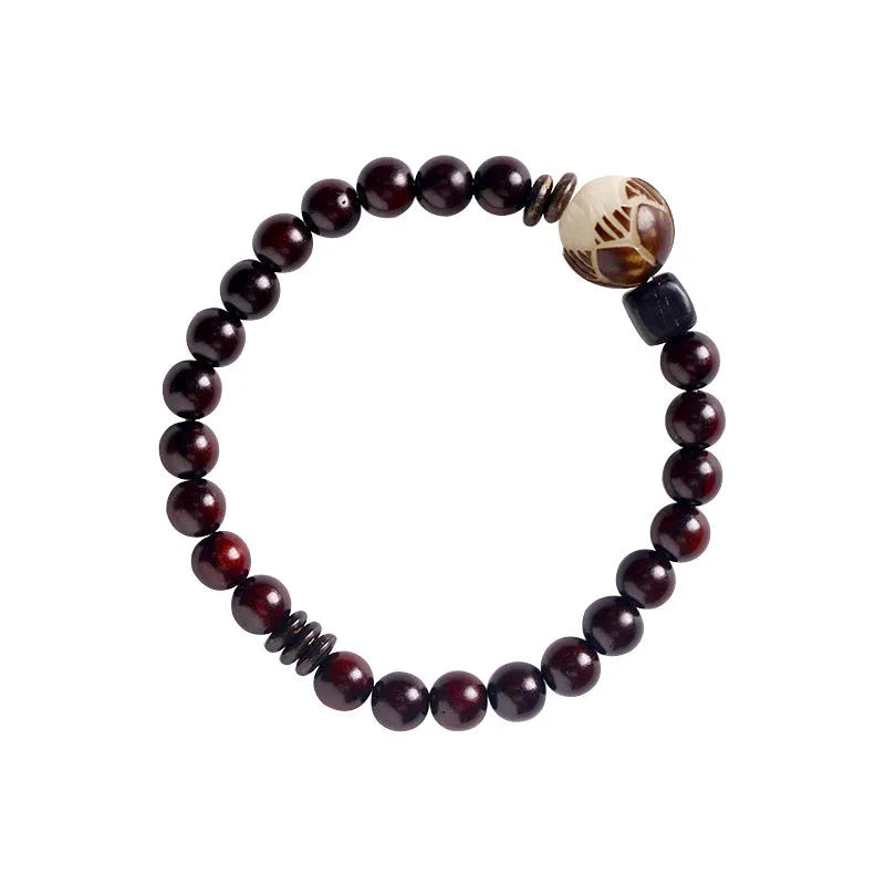 Natural rosewood double-ring bracelet with retro flower design, 10mm size, showing double circle pattern