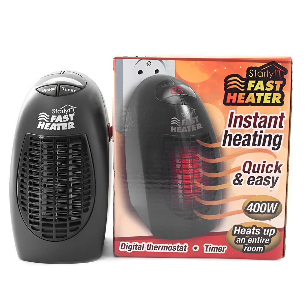 Black mini ceramic electric heater with digital display and a rotating three-prong plug on a white background.
