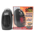 Black mini ceramic electric heater with digital display and a rotating three-prong plug on a white background.