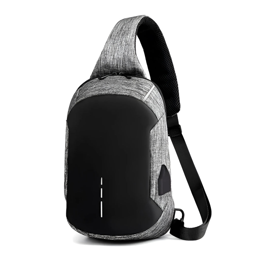 Small dark blue oxford cloth waterproof chest bag with a single strap and zipper.