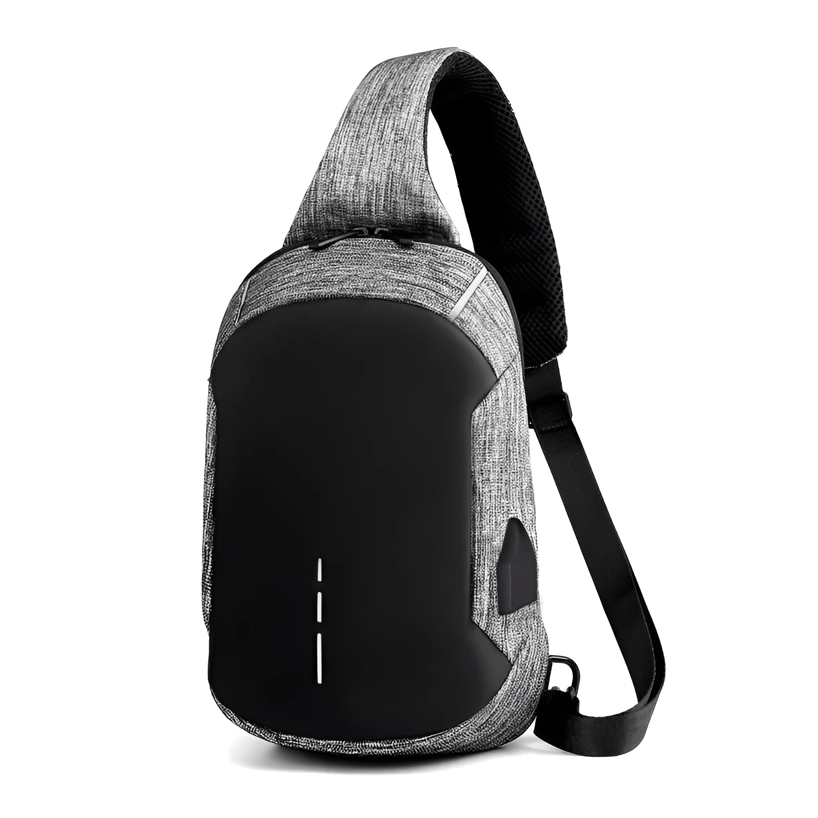 Small dark blue oxford cloth waterproof chest bag with a single strap and zipper.