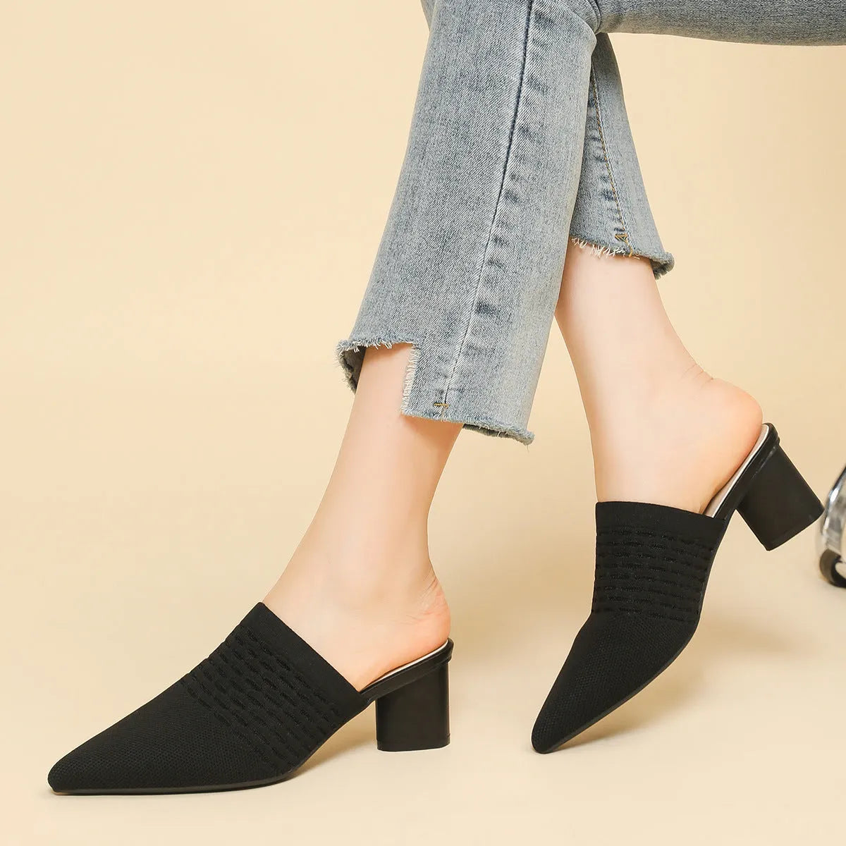 Women's black pointed toe sandals with toe cap and a 5cm chunky heel.