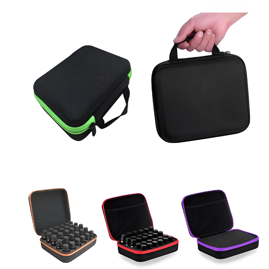 Red EVA essential oil storage cube bag with 30 compartments for 15ml bottles, showing zipper and compact design