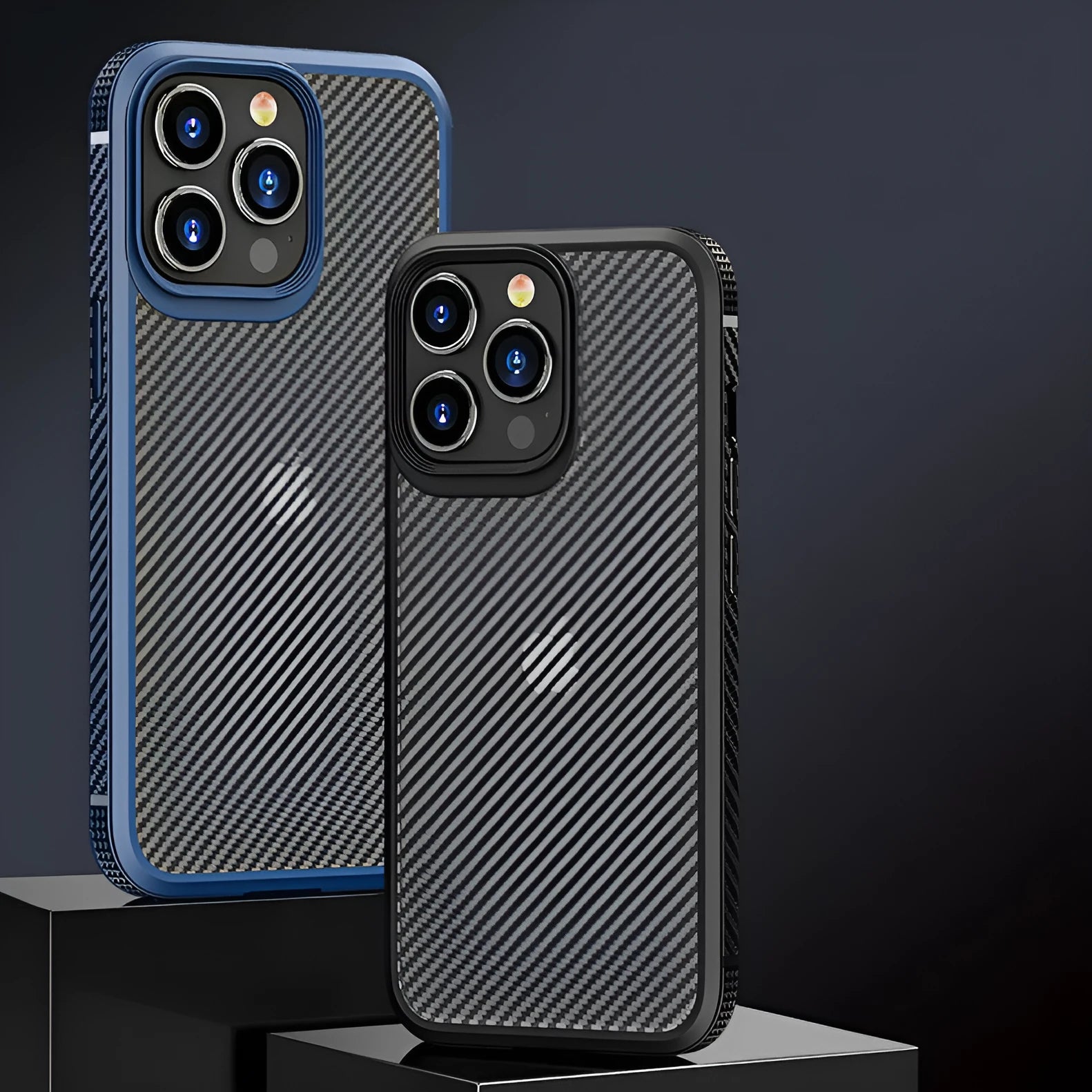 Black and blue anti fall protective mobile phone cases for iPhone 13 series with carbon fibre pattern.