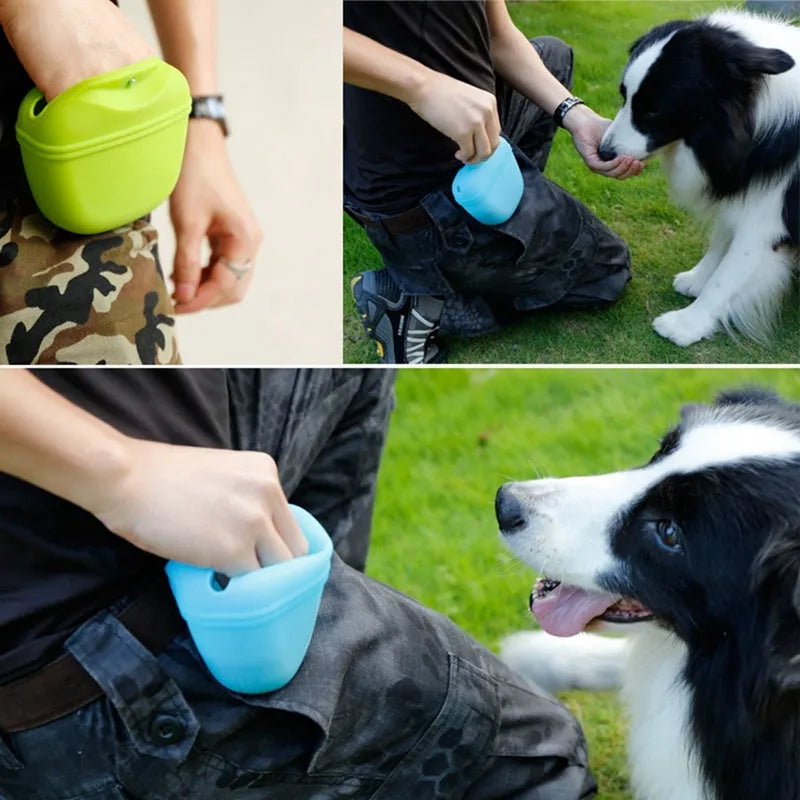 Coloured silicone dog treat bag with clip and magnetic opening, shown with dog training treats.