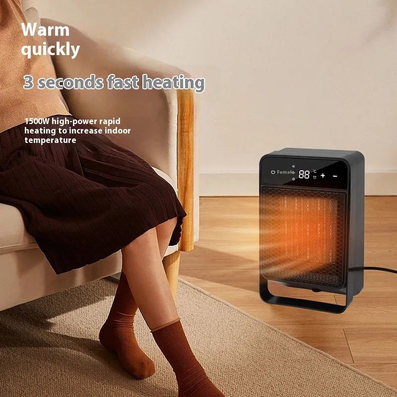 Black desktop warm air blower heater with digital touch screen display and remote control on wooden desk