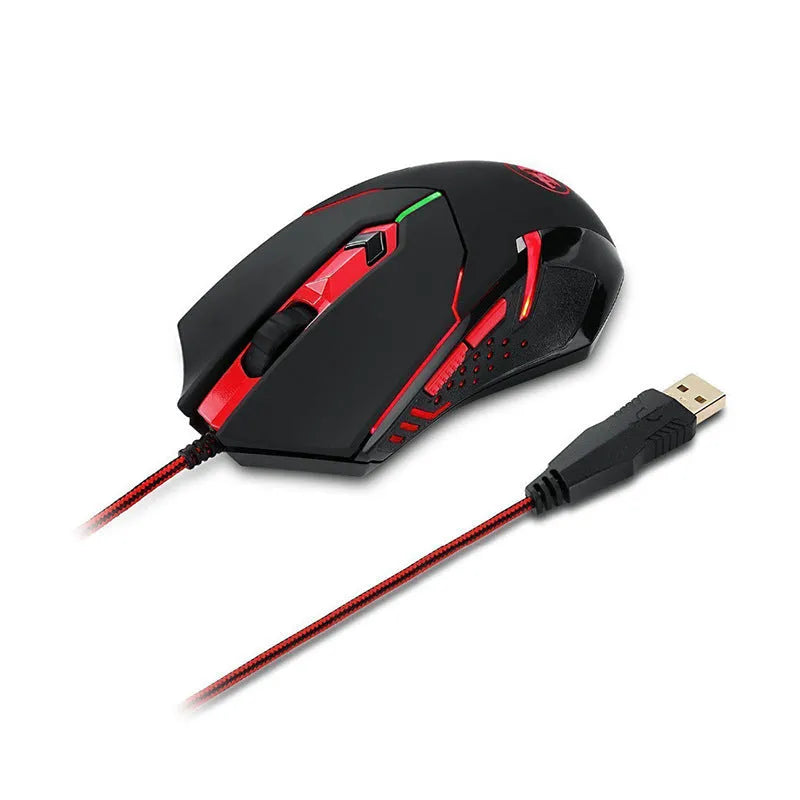 Black and red USB wired optical gaming mouse with six buttons and ergonomic design