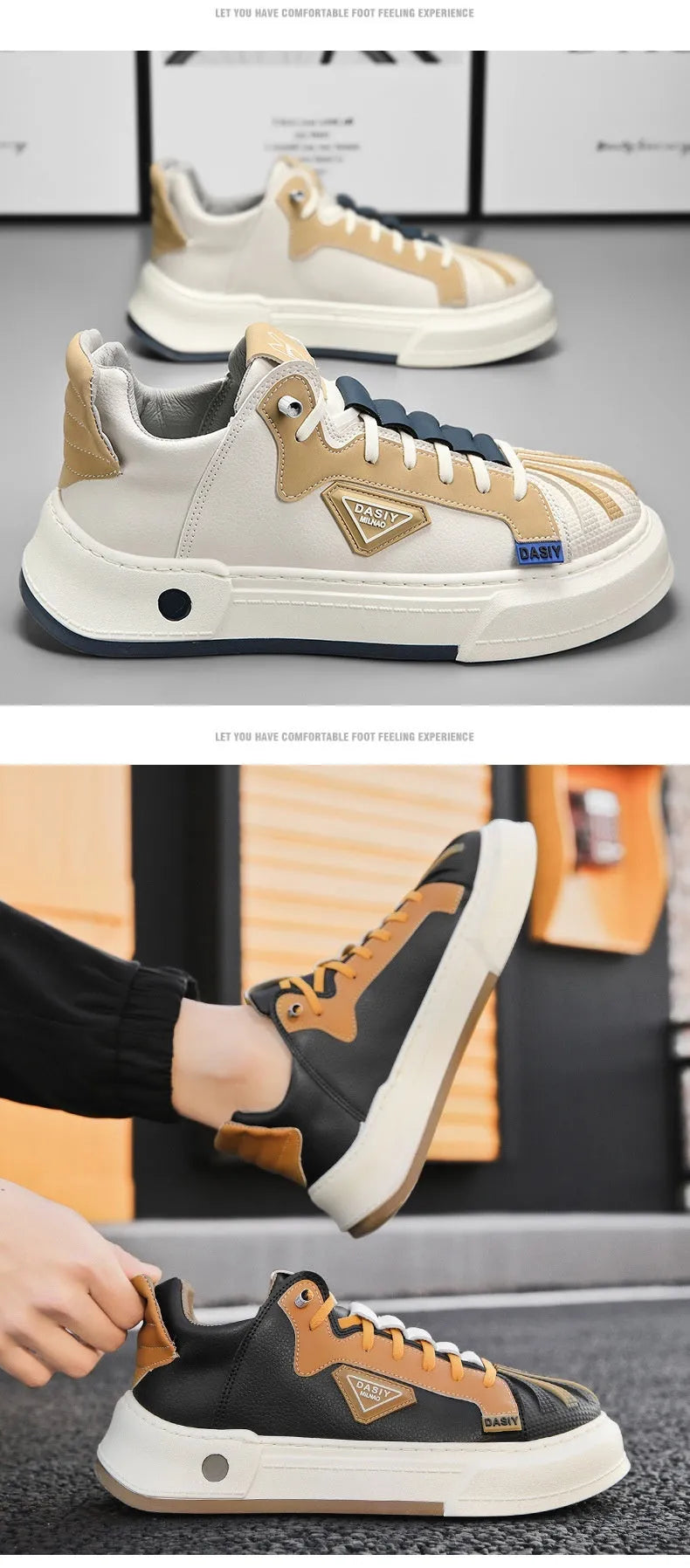 Men's beige low-top casual sneakers with an elastic band fastener and round toe.