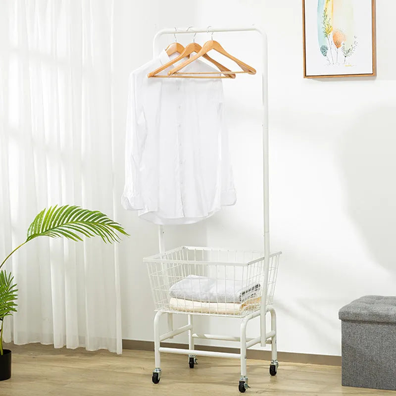 White iron frame single rod clothes rack on wheels with a pulley height adjustment system.