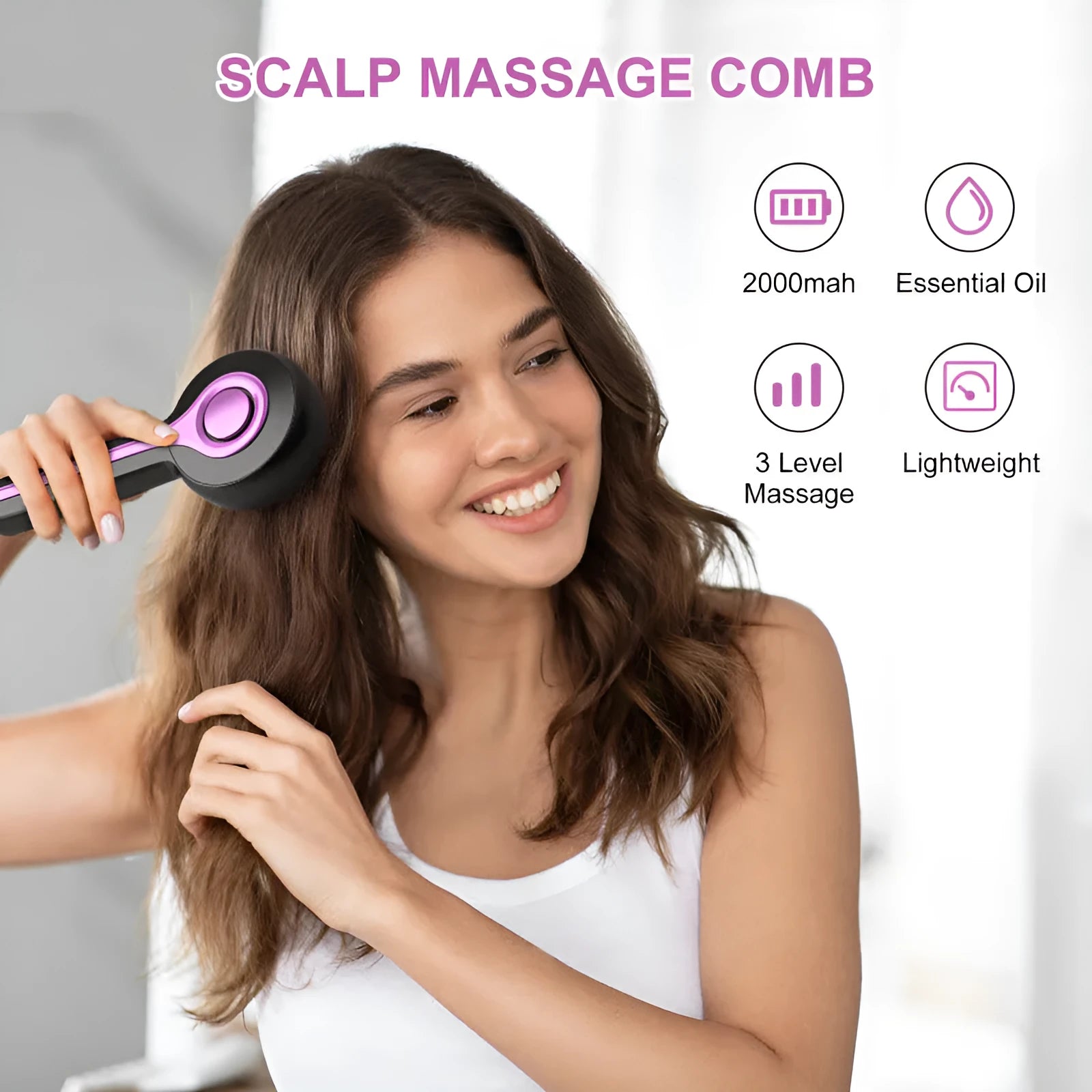 USB-powered head massage comb tingler in black, grey, or red with two-speed control