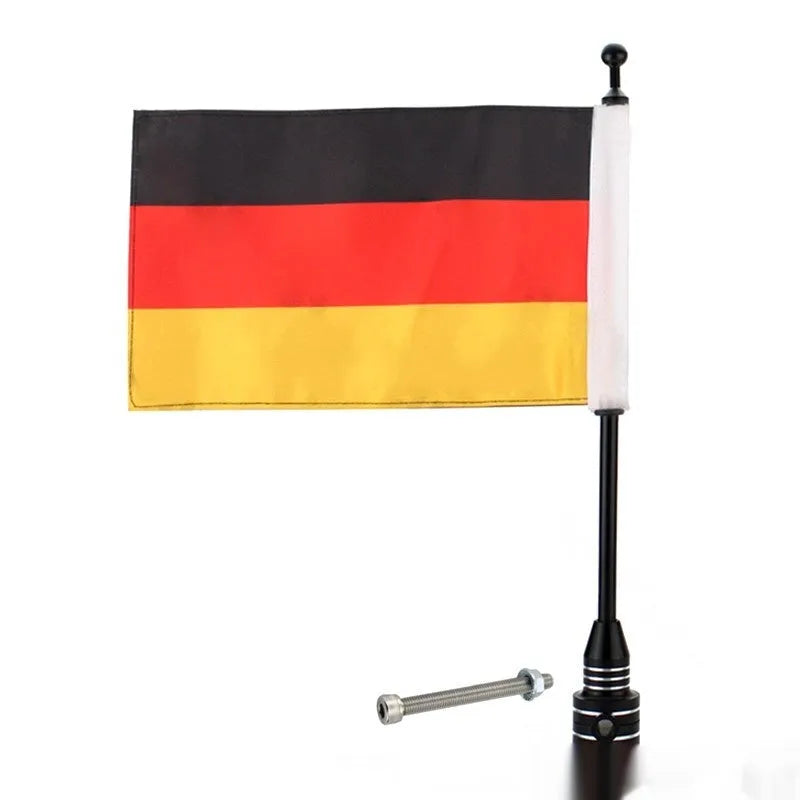Black and silver metal motorbike flagpole for side box parcel rack mounting