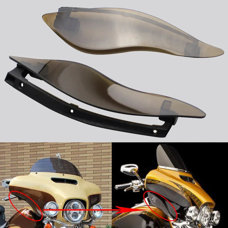 Pair of smoked ABS windshield side wings for a Harley-Davidson trike conversion.