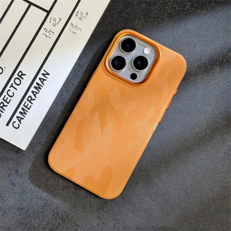 Magnetic camouflage leather phone case for iPhone with shockproof anti-fingerprint fabric finish in dark purple
