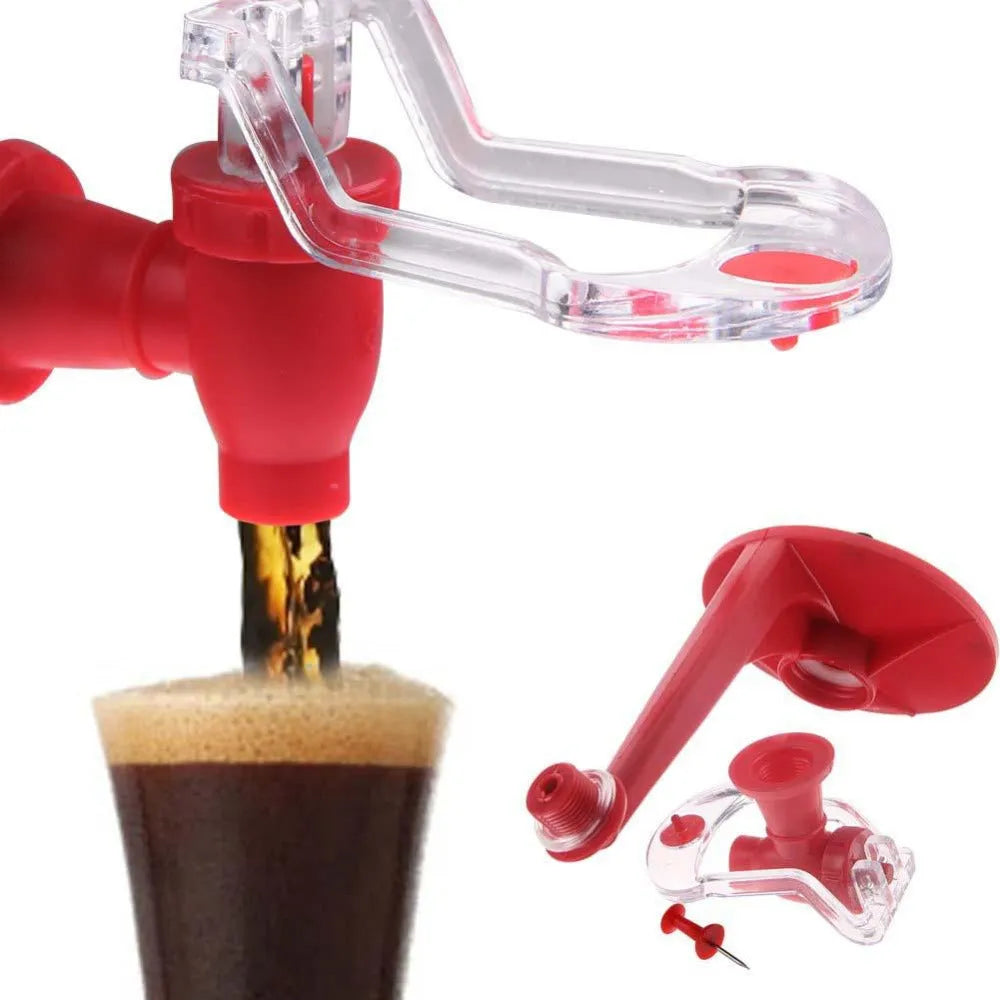 Red plastic Magic Tap soda bottle dispenser attached to an inverted 2-litre bottle.