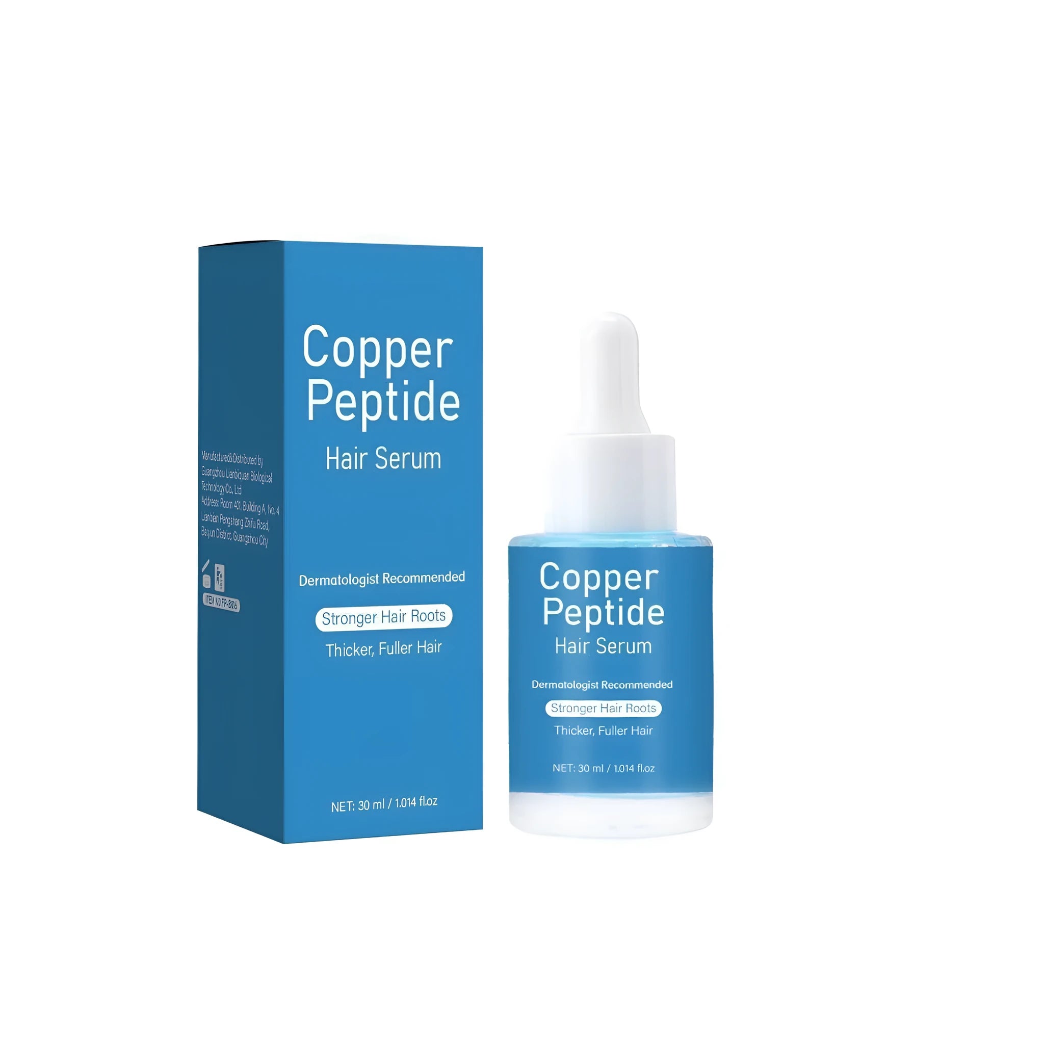 Copper peptide hair oil bottle measuring 38.5mm by 95mm containing 30ml treatment