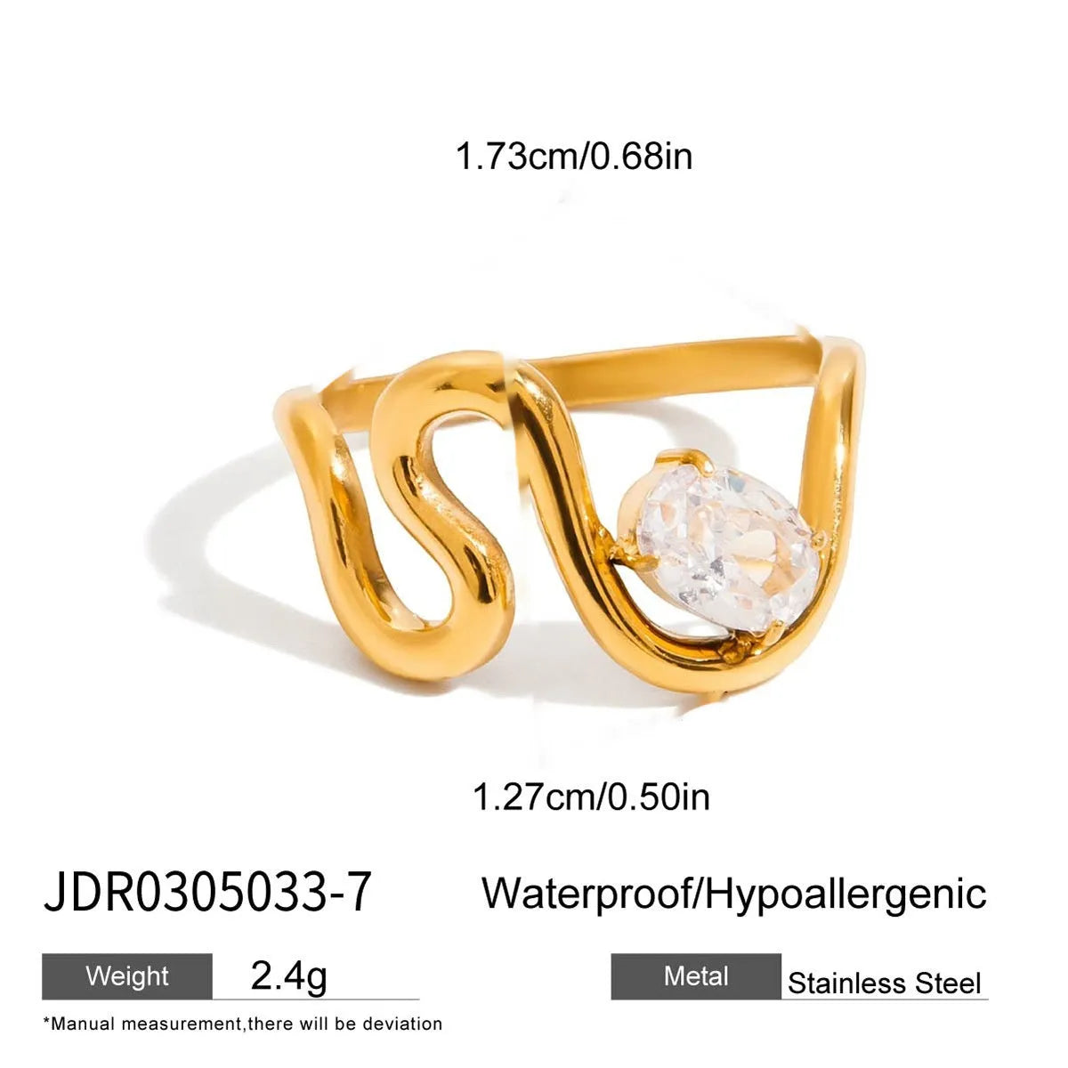 Geometric stainless steel zircon ring with no-fade finish on a hand.