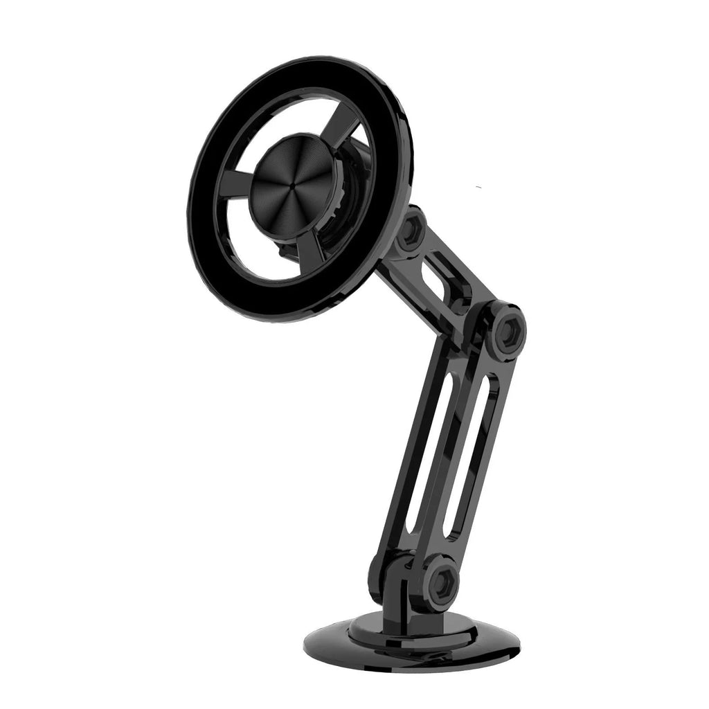 All-metal magnetic car phone holder in black, shown with magnetic rings and adhesive pads for dashboard or vent mounting.