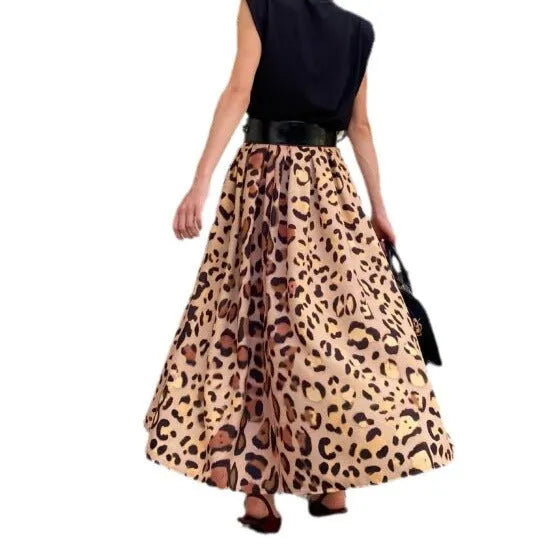 Brown leopard print women's A-line skirt with long length and big hem in polyester fabric