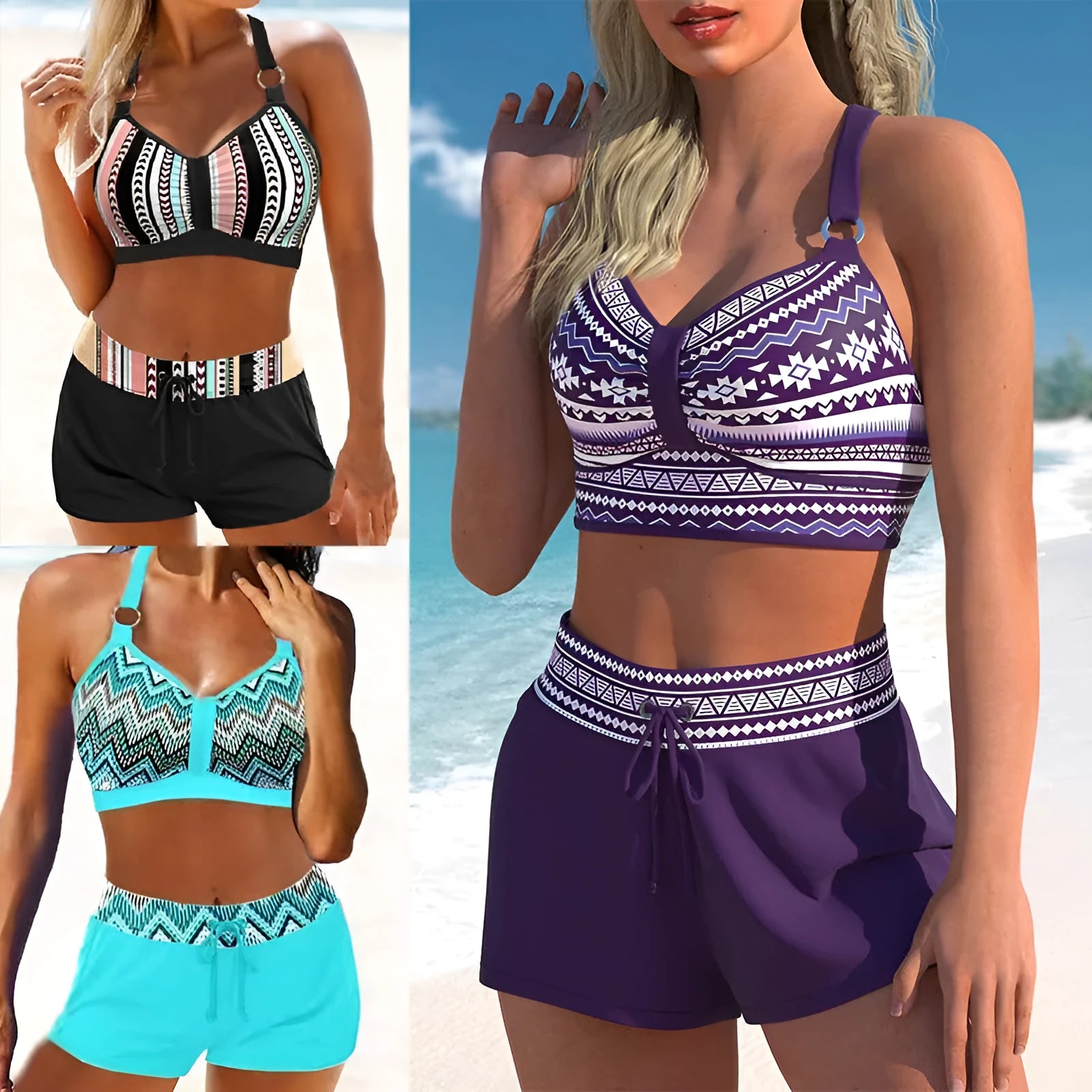 Women's polyester two-piece swimsuit bikini with print design for hot spring swimming