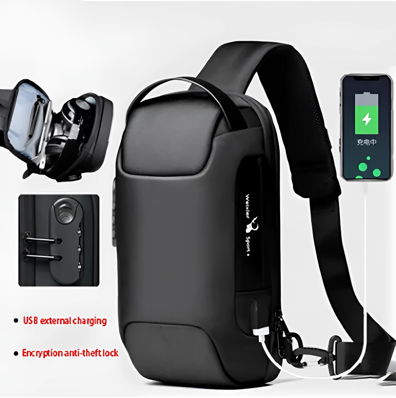 Black waterproof Oxford cloth anti-theft messenger bag with USB port and crossbody strap