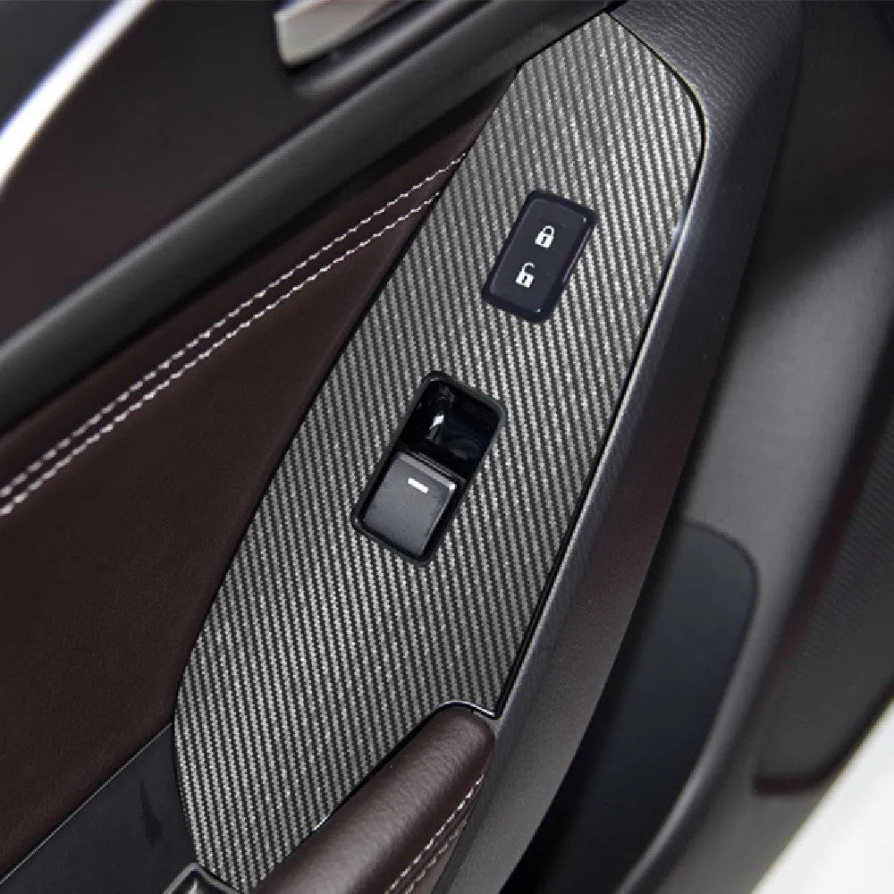 Four TPU protective films for 14-19 US/Canadian car dashboard door control panels in transparent and carbon fibre black