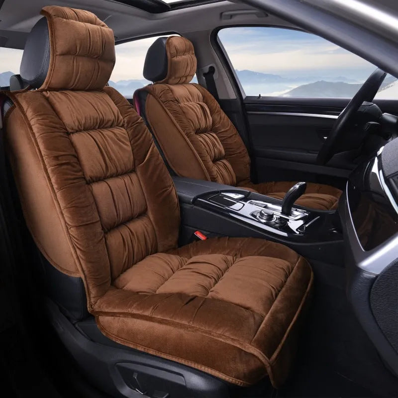 Short plush winter car seat cushion available in multiple colours including black, beige, grey, brown, and purple.