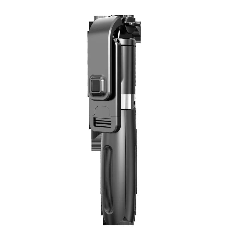 Extended black Bluetooth selfie stick with tripod legs deployed and smartphone attached.