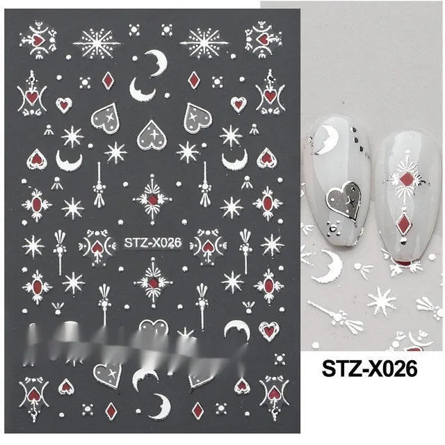 Plastic sheet of black, silver, and cartoon design nail art stickers for DIY manicures.
