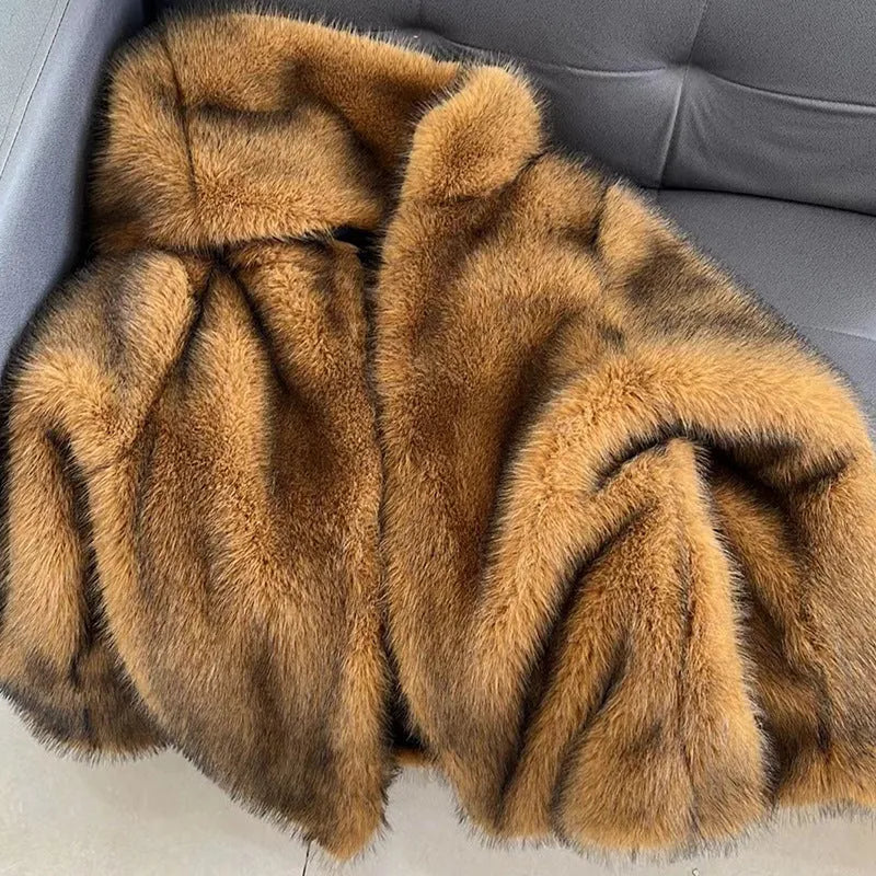 Silver grey artificial fur coat with mid-length 65cm design and loose trendy silhouette