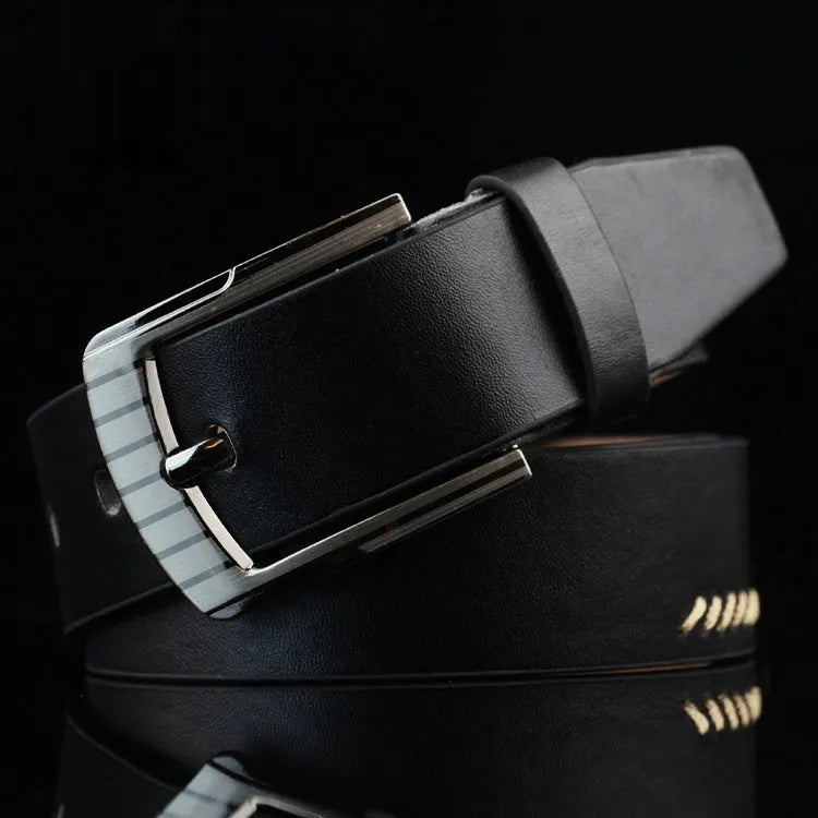 Men's retro-style imitation leather belt with pin buckle in black, brown, or white
