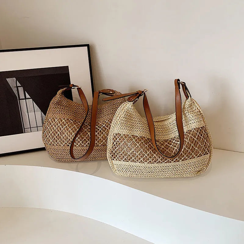 Women's khaki straw cross body bag with sandwich pocket and horizontal square shape