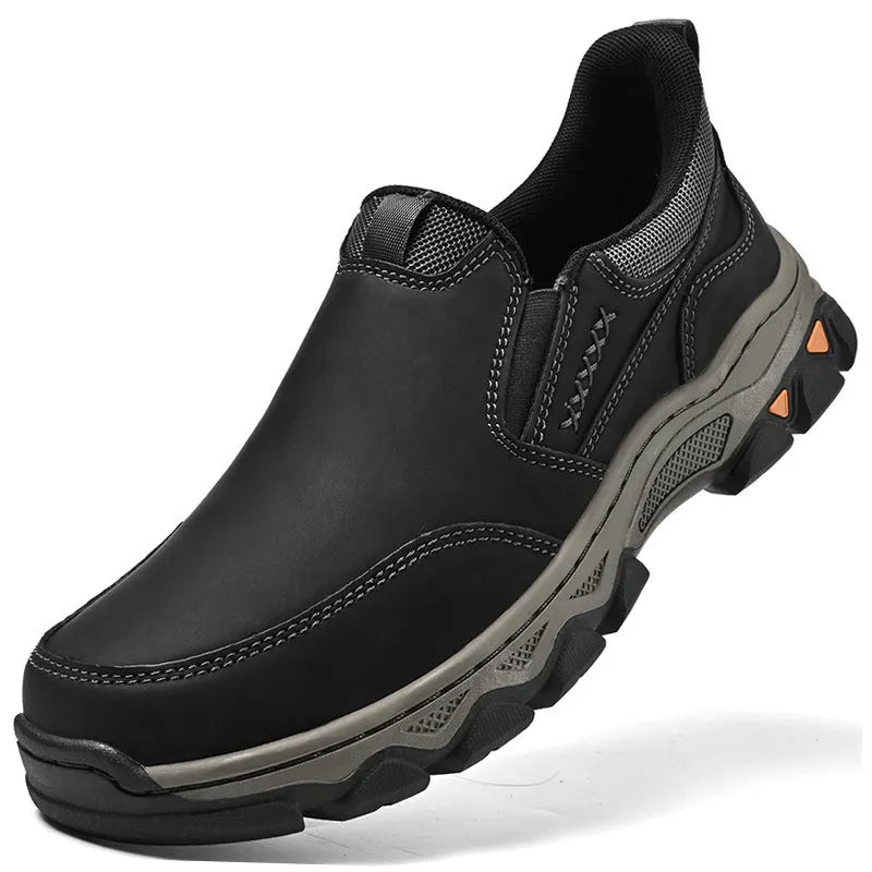 Men's dark brown casual shoes with round toe and flat rubber sole