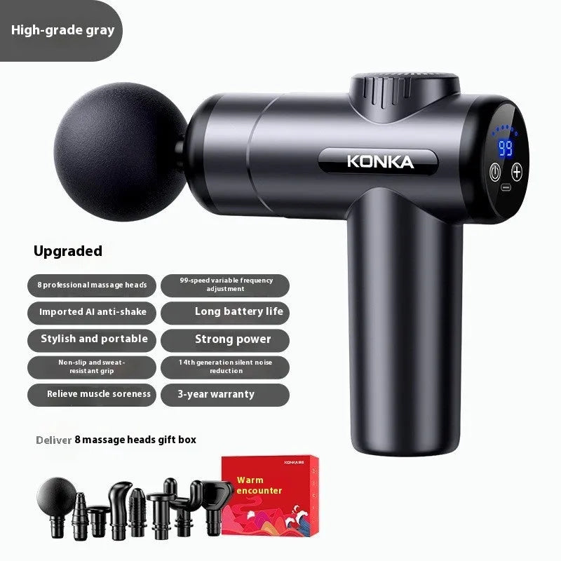 Konka V19 mini electric massage gun in grey colour with multiple massage heads on a red box.