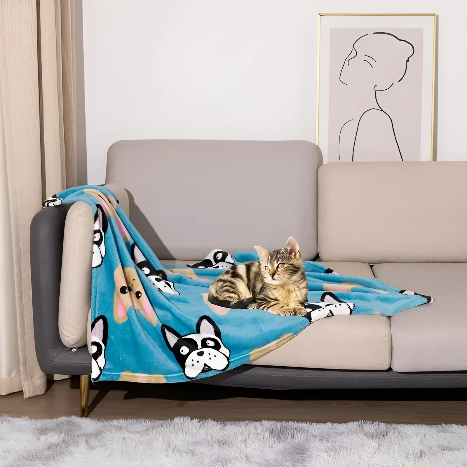 Blue cartoon dog pattern double-sided flannel pet blanket shown in a dog crate.