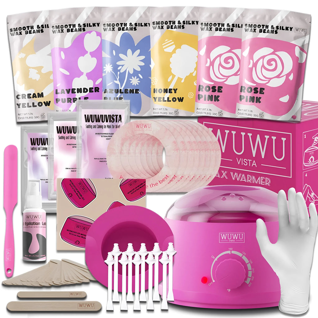 WUWUVISTA professional waxing kit with black smart warmer, wax beads, applicators and aftercare products