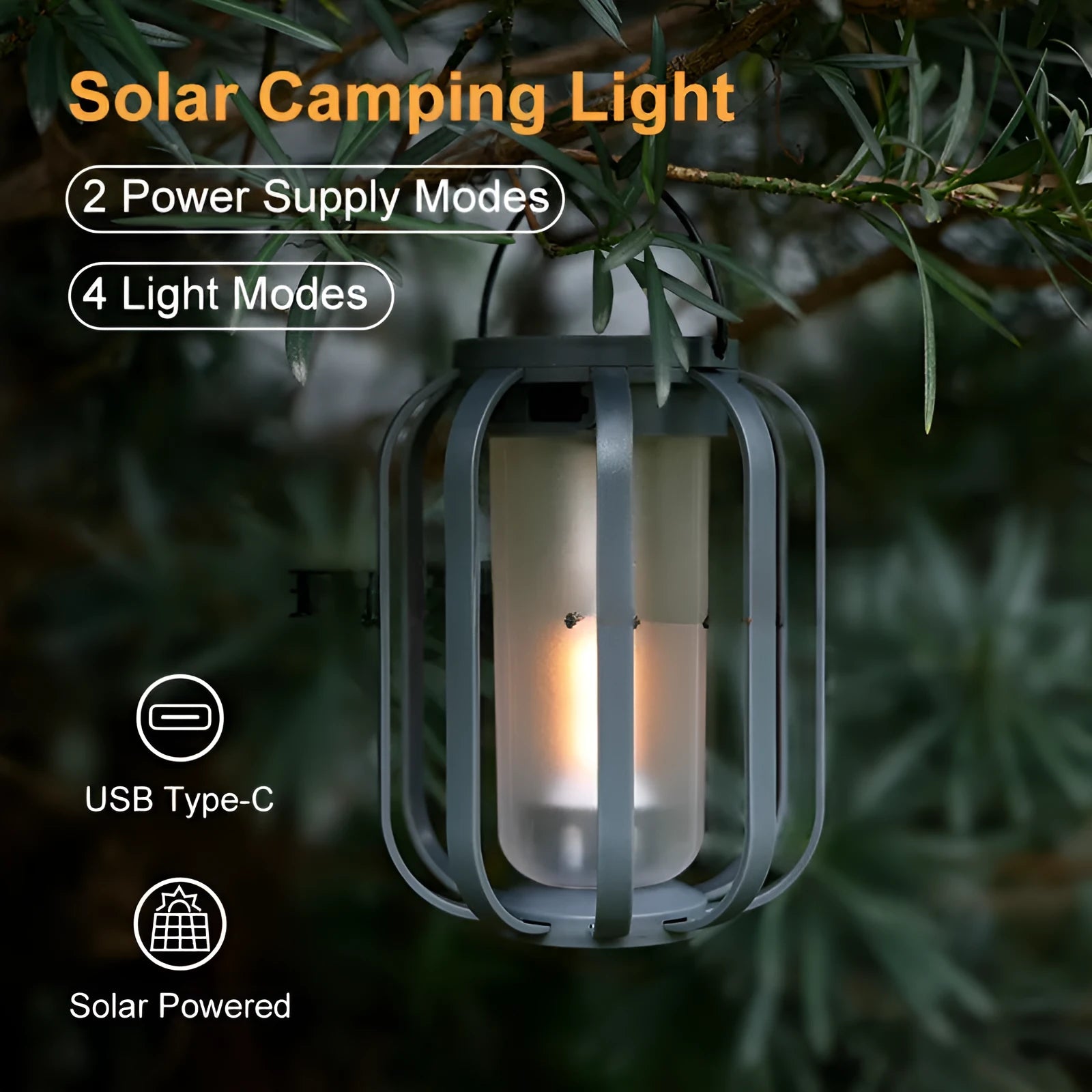 Solar powered LED camping tent light with aluminium alloy and ABS housing, 500 lumens, fluorescent fixture colour