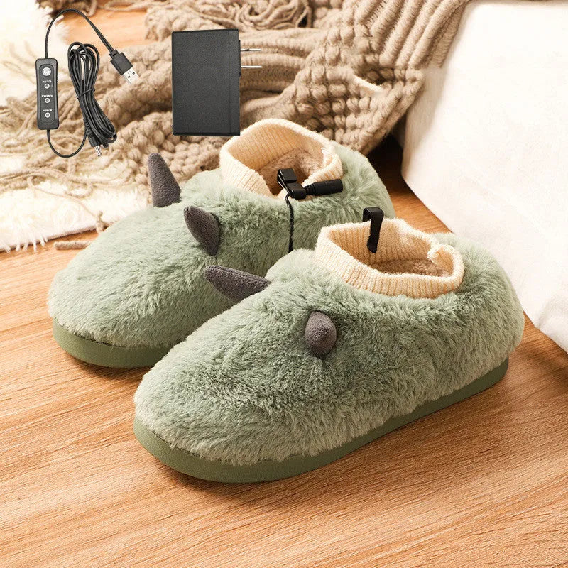 USB electric heating slippers in grey with adjustable temperature control and soft velvet upper.