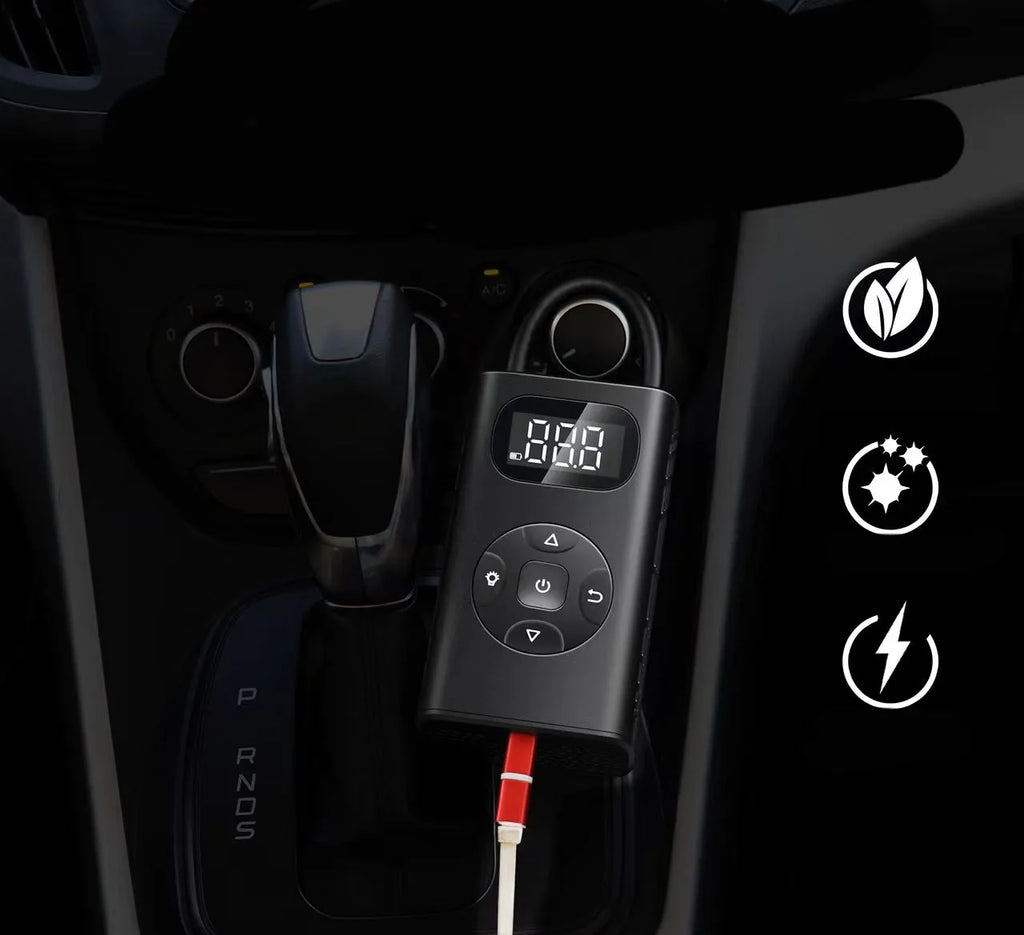 Black M09X power bank tyre inflator with USB cable and 16cm tube for car motorcycle bicycle