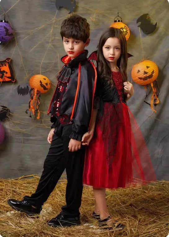 Children's witch costume set with cape and dress in polyester fibre blend, multiple sizes 90-170cm
