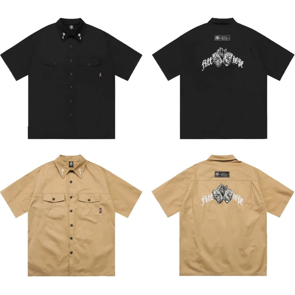 Men's plus size loose fit cotton blend work shirt with half sleeves and embroidered design