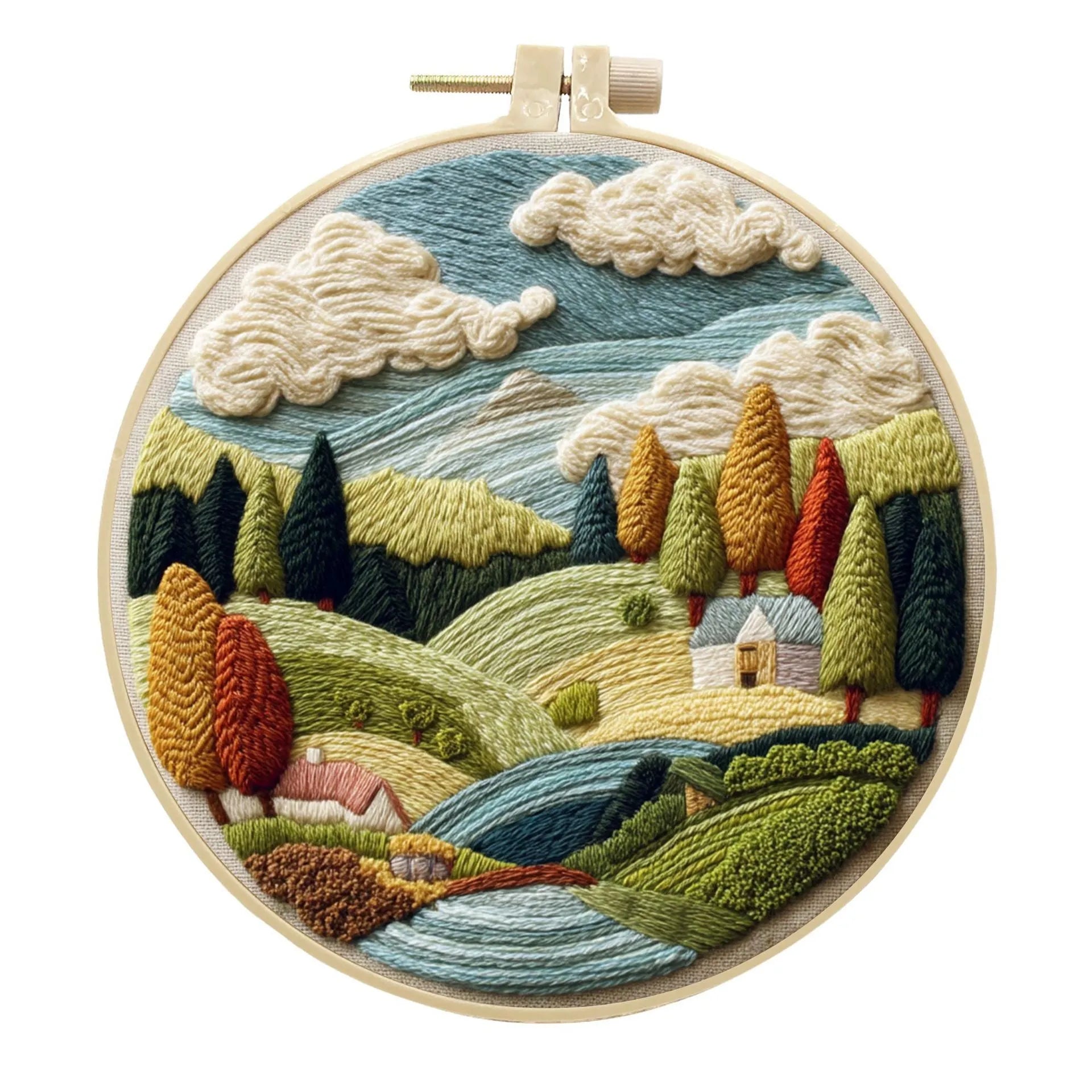 Embroidery DIY kit with printed landscape fabric, embroidery threads, needles, and frame for handmade cloth art